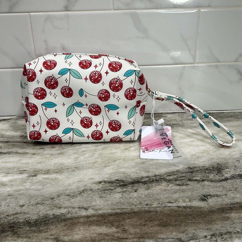 Cherry Disco Ball COSMETICS BAG Zipper Pouch Wristlet NEW Vegan Leather Peta